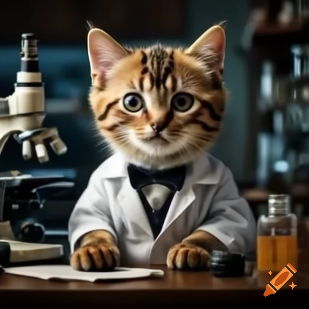 Tuxedo cat in laboratory coat with microscope in pathology lab