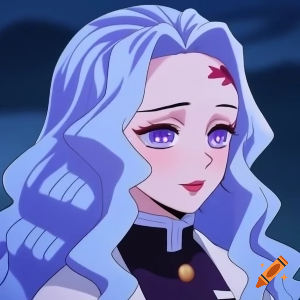Ornate portrait of a sultry feminine heroine from Kimetsu No Yaiba with pale silvery periwinkle long hair
