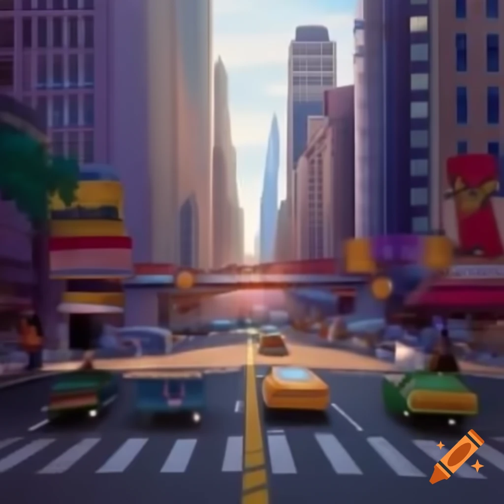 2D Disney animation of New York City street