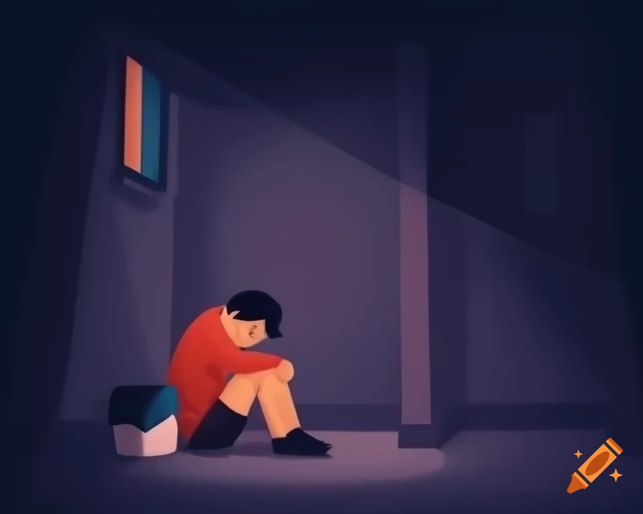 Sad man sitting in dark room cube