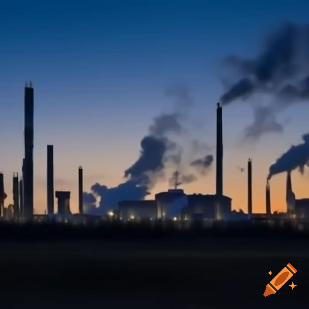 Industrial scene with multiple factories releasing smoke into the sky
