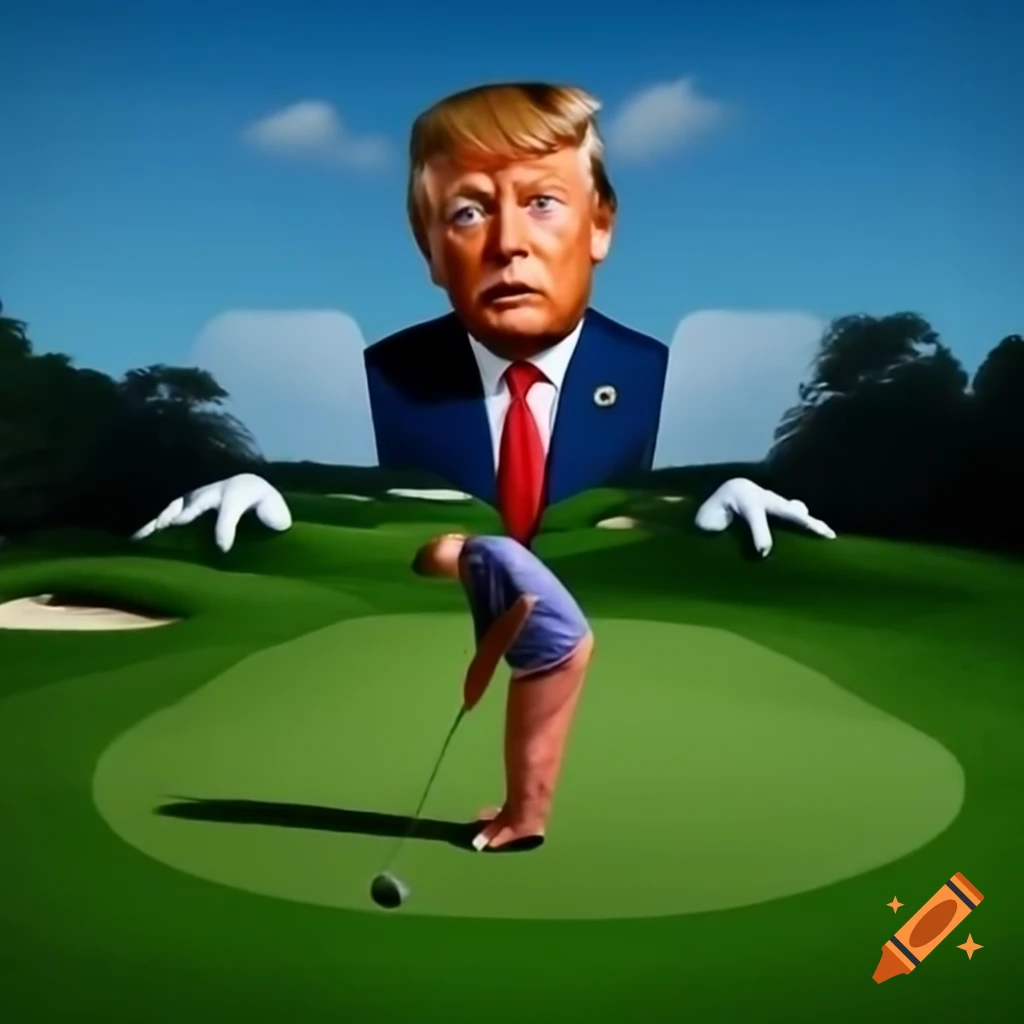 Satirical photorealistic depiction of a humorous scene with a golfer and a giant alligator