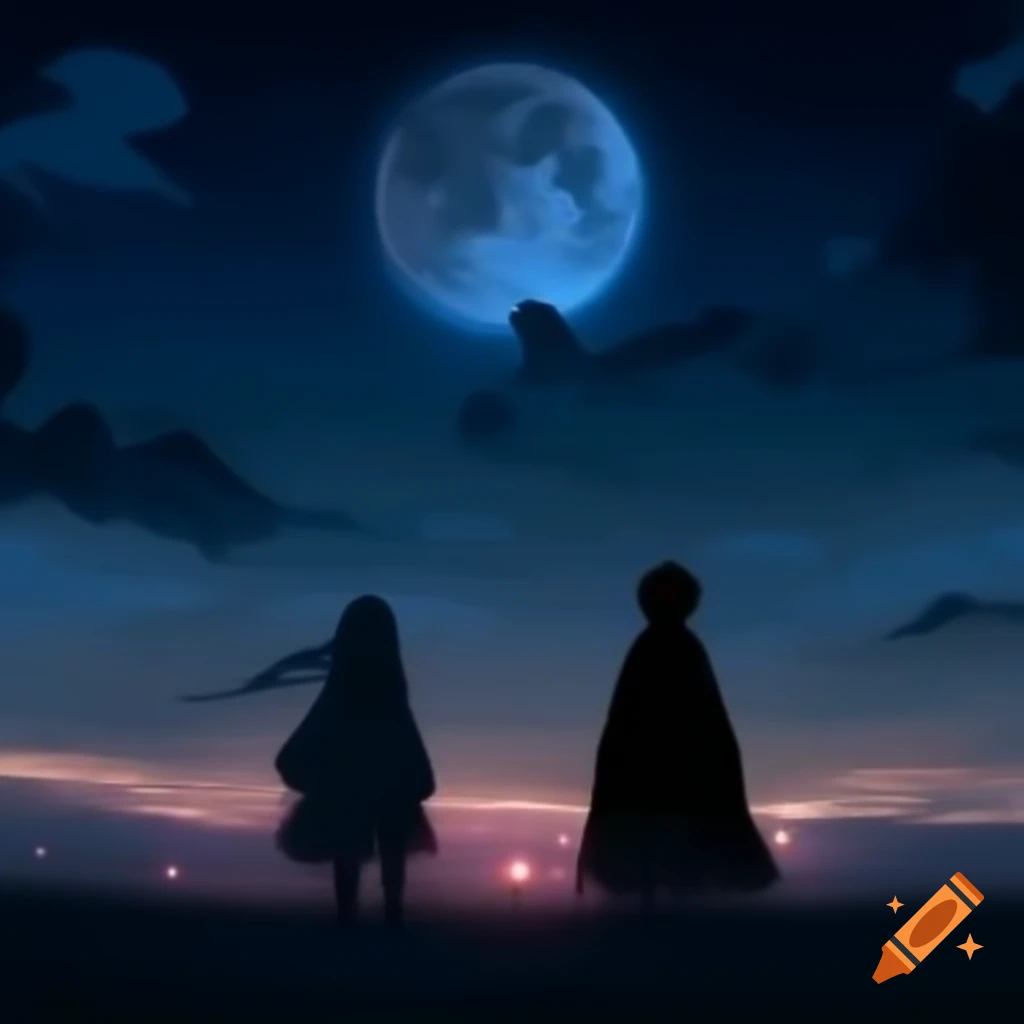 Silhouetted figures against moonlit sky with magical glow