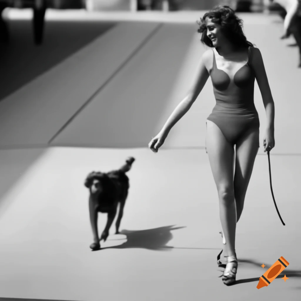 Woman walking dog in swimsuit on runway