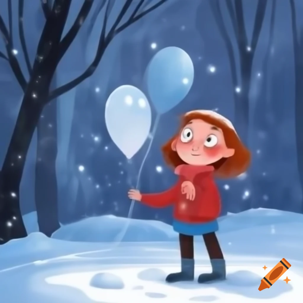Frightened girl in winter clothes holding balloon in snowy landscape