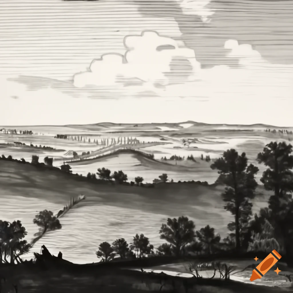 Black and white etching of scenic view Wasserkuppe in Rhön