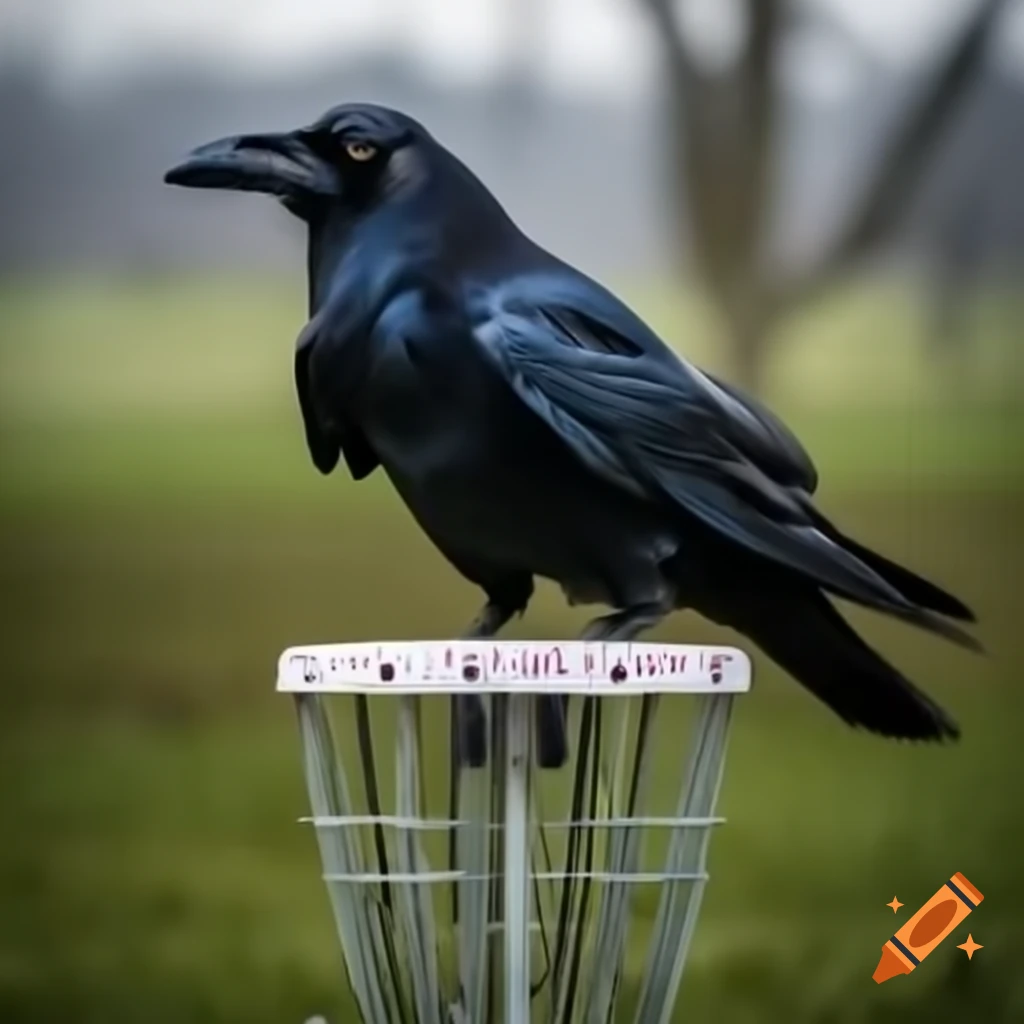 Raven perched on disc golf frisbee