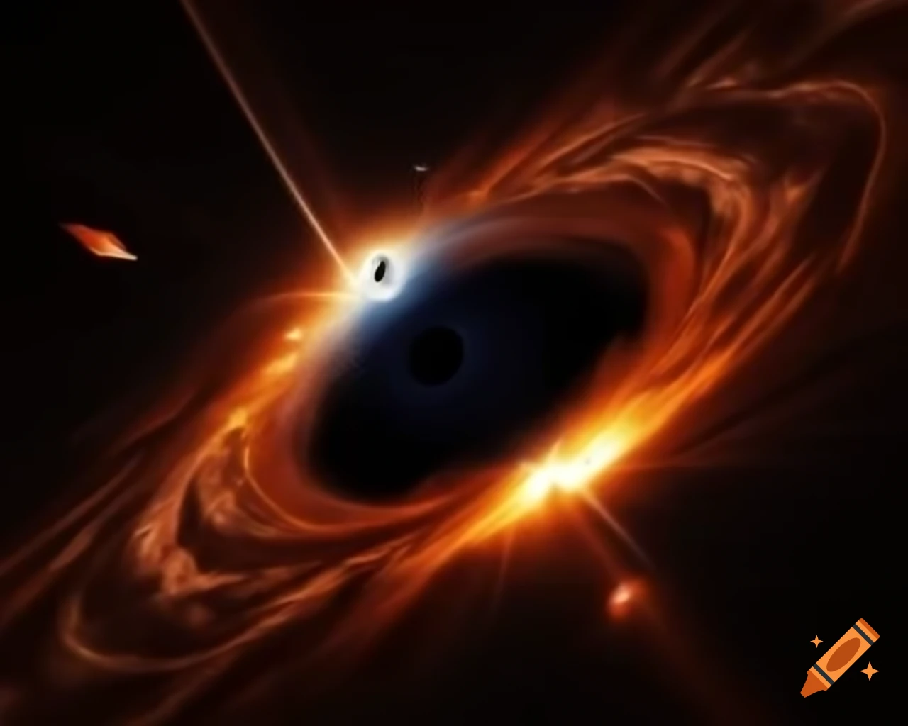Realistic rendering of a black hole in star-filled space with artistic lens flare