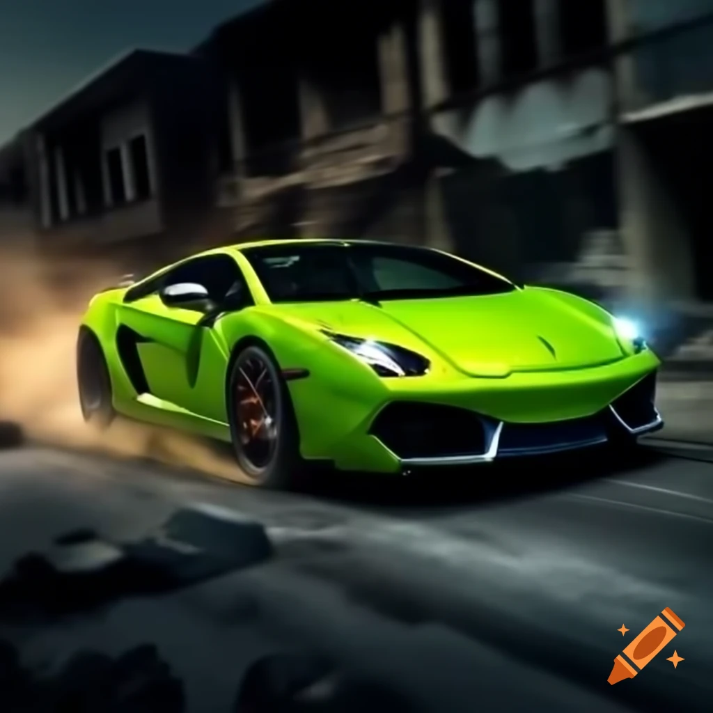 Lime green Lamborghini Gallardo speeding away from destroyed house at night