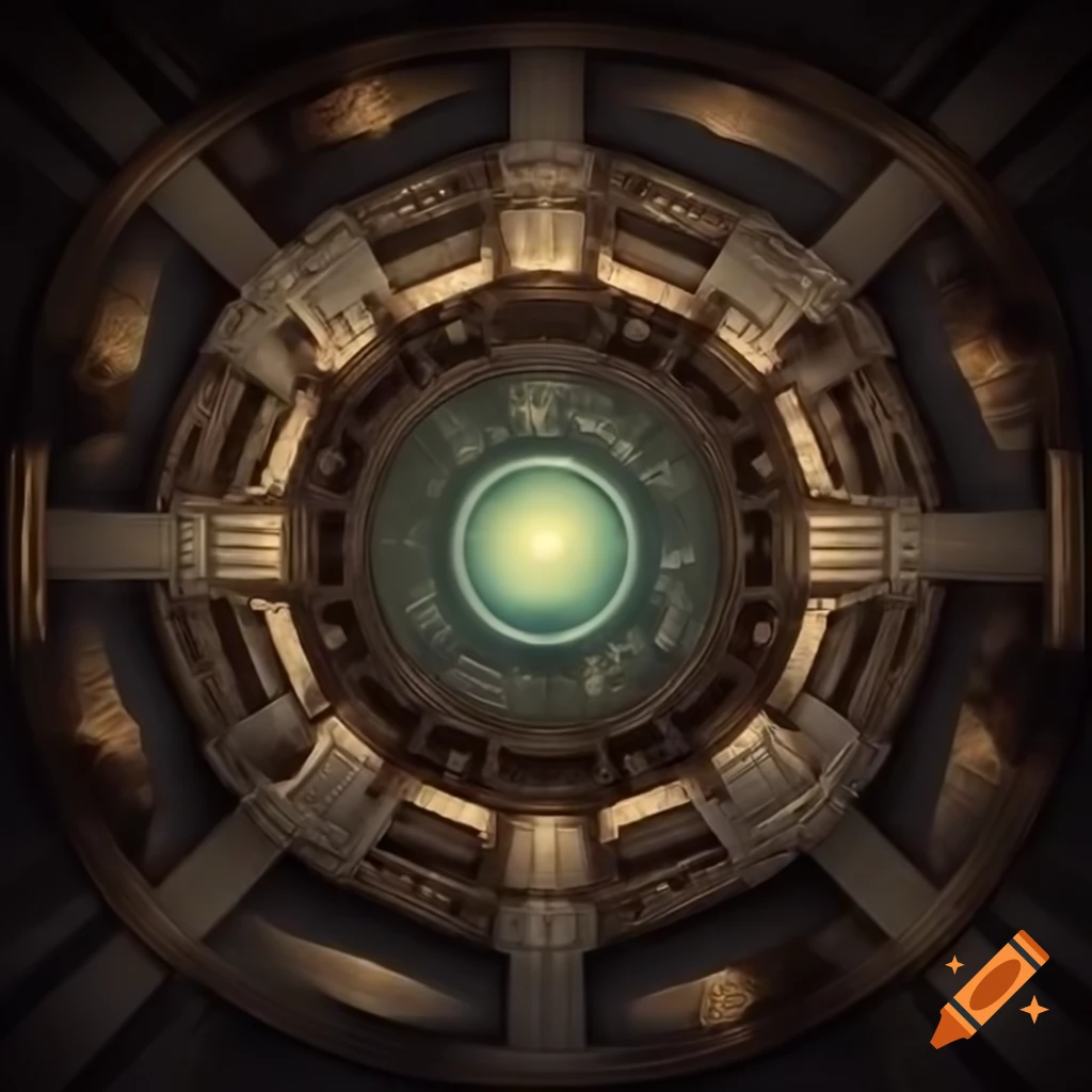 DnD inspired fresco of half-spheric ceiling covered in runes in underground ziggurat