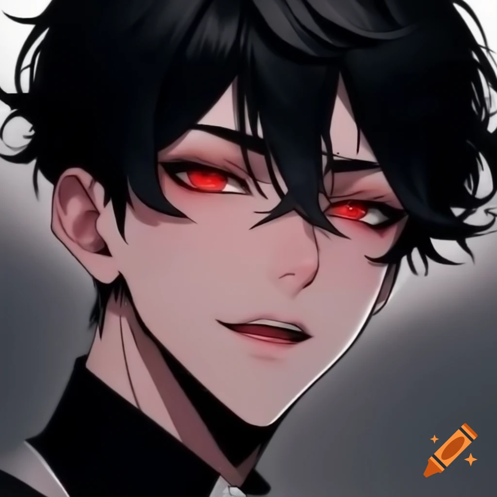 Stylish anime character with red eyes and messy dark hair
