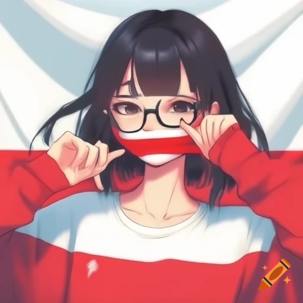 Anime girl in glasses wearing sweatshirt inspired by Polish flag colors