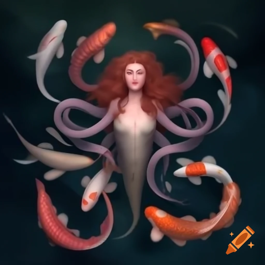 Female half human half leviathan hybrid with koi scale pattern and octopus hair