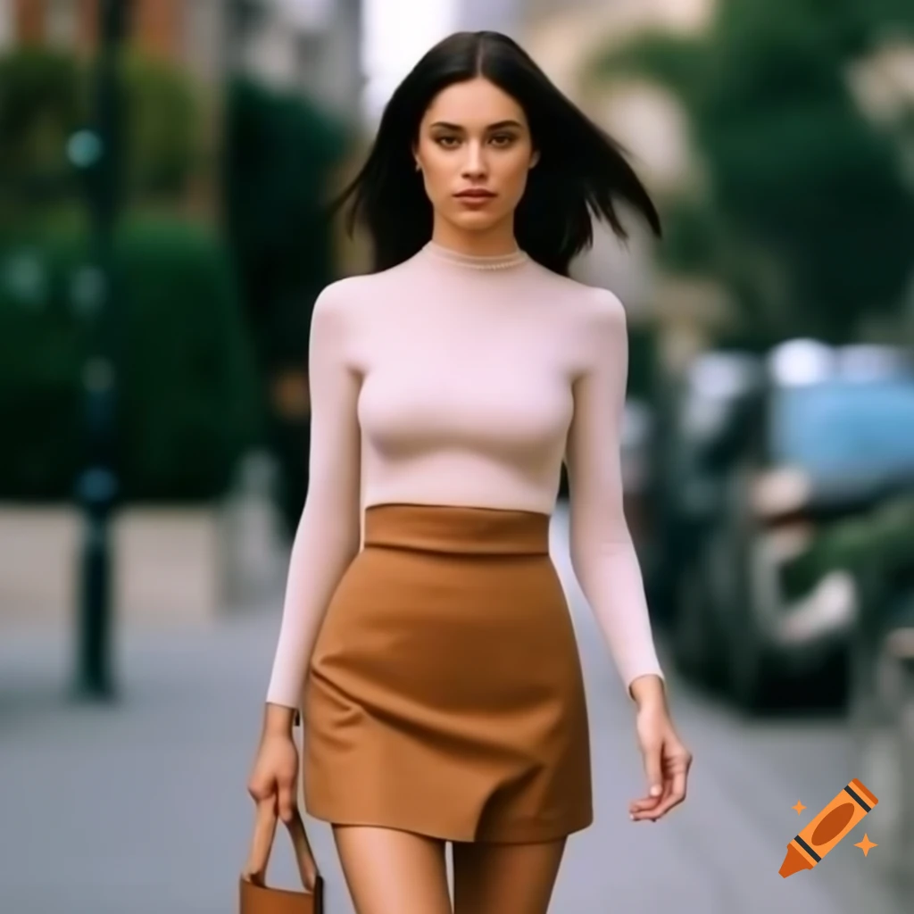 Brunette woman walking in stylish outfit