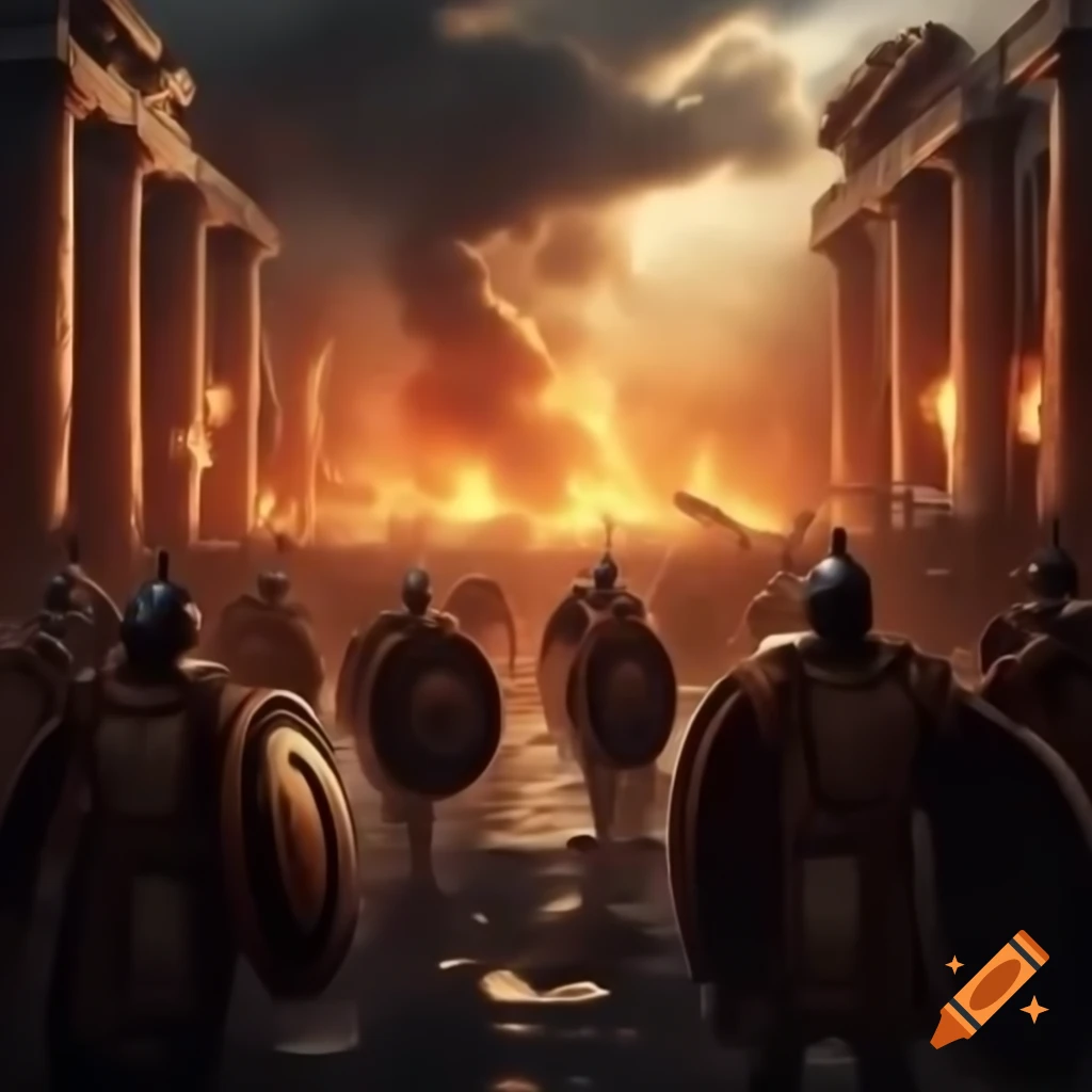 Fiery battlefield scene depicting Greek antiquity