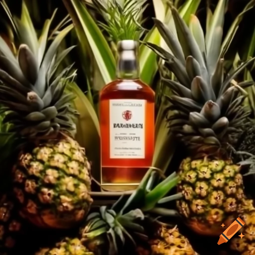 Bottle of whisky surrounded by pineapples