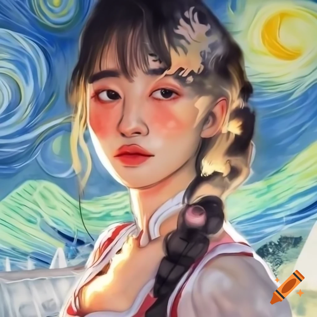 Korean woman in Dirndl with sun-kissed skin, animated portrait in Van Gogh watercolor style