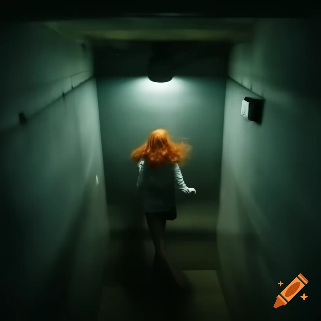 Girl with red hair navigating concrete labyrinth captured by security camera