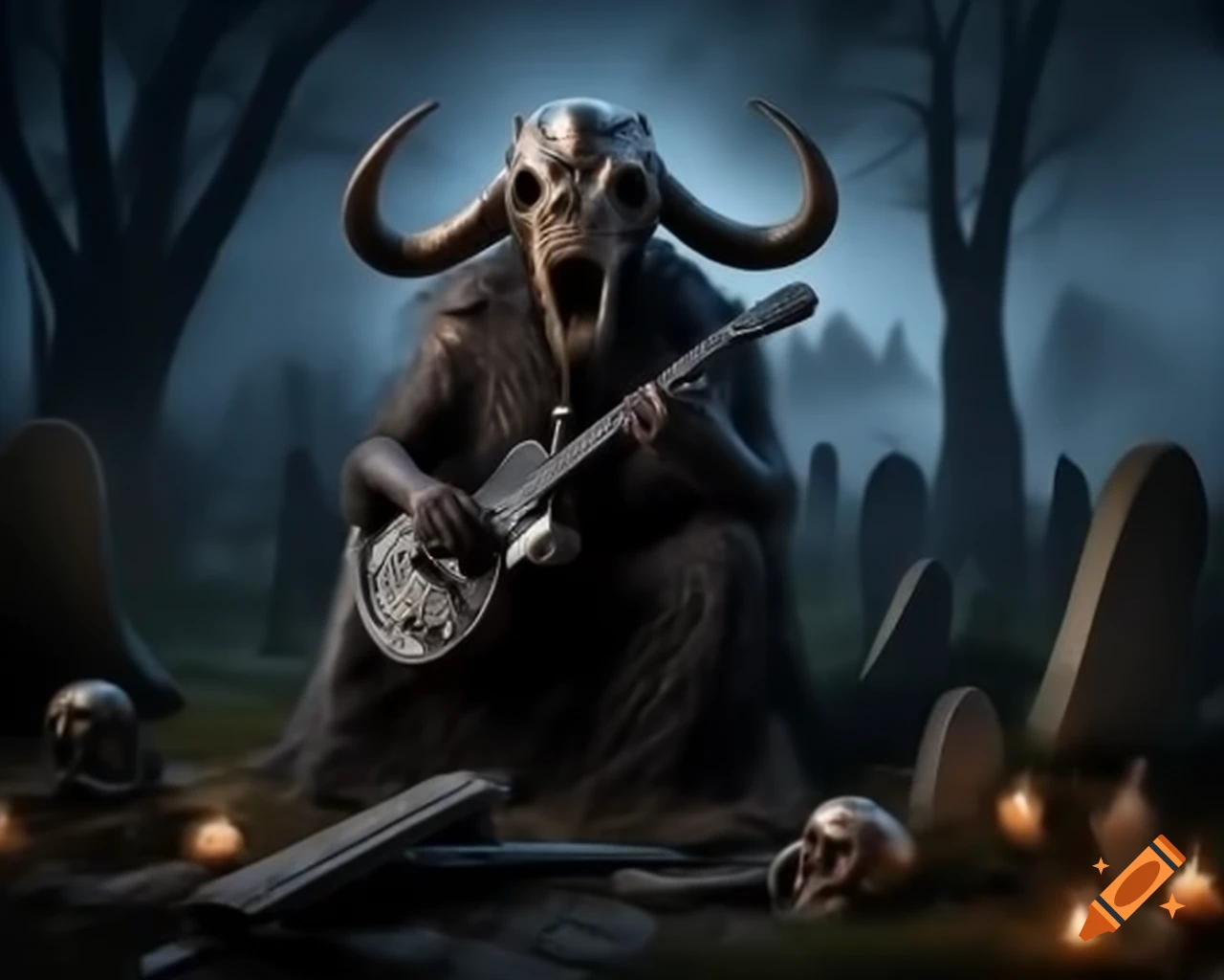 Heavy metal band performing with skull and bone guitars in misty graveyard at night