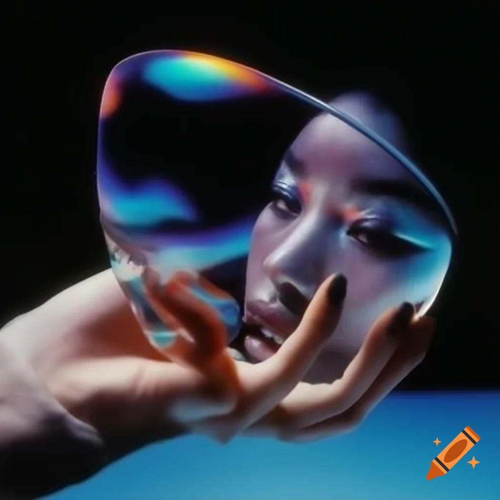 Pop surreal photography featuring iridescent glass statue