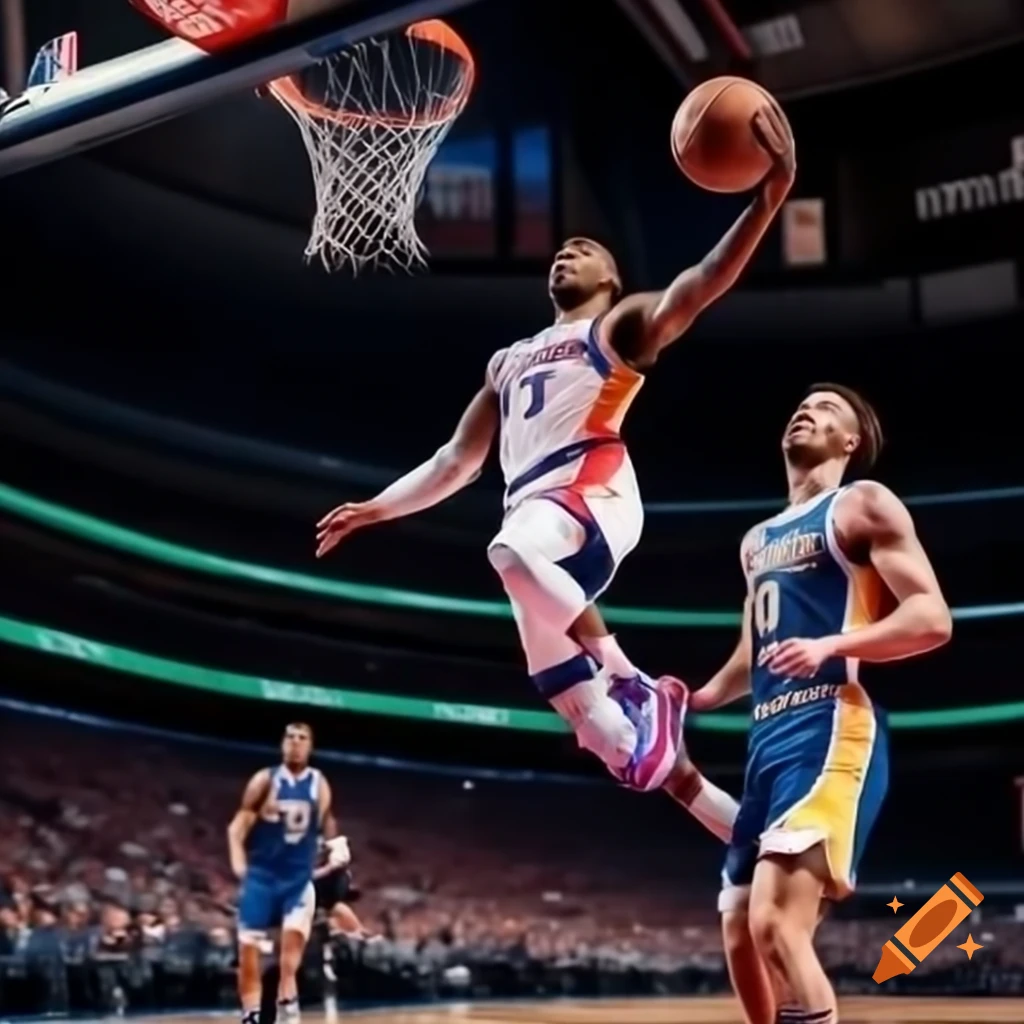 NBA player performing a slam dunk over opponent in realistic photography
