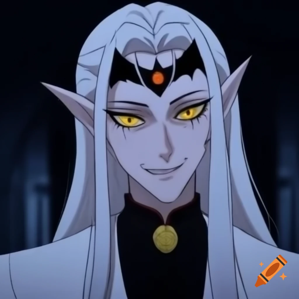 Vampire prince with white hair and crown, wearing white suit and evil smile