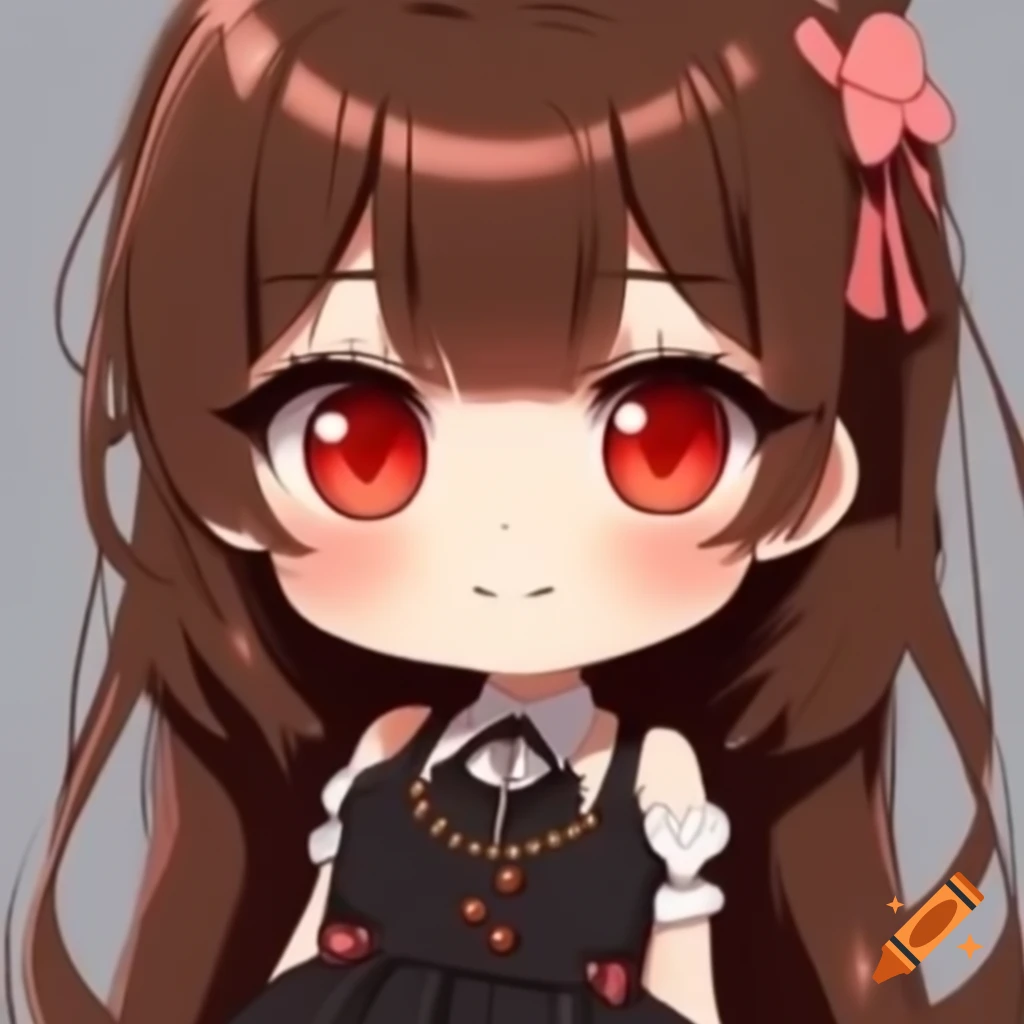Chibi anime girl with brown hair, red eyes, and black dress