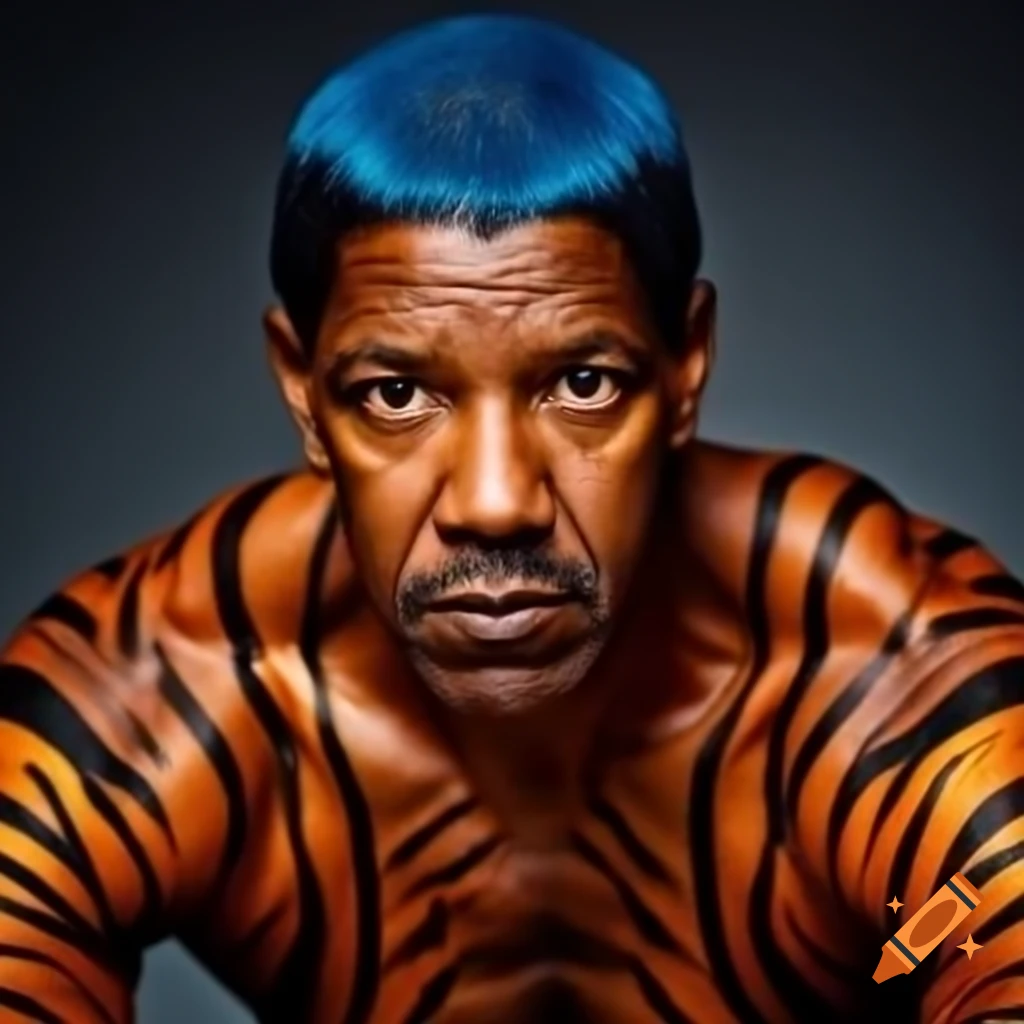 Muscular figure with tiger-style makeup, blue hair, and striped skin