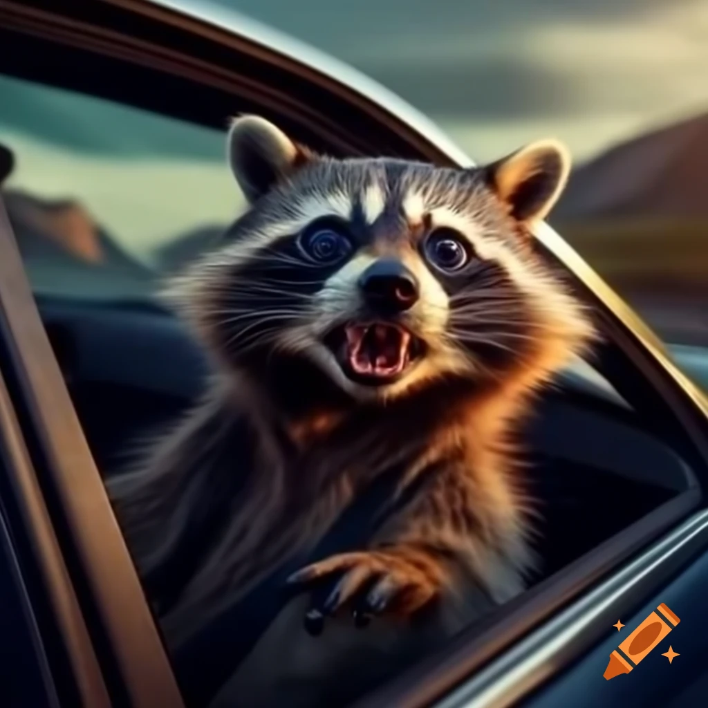 Raccoon driving sports car and waving jalapeños out of the window