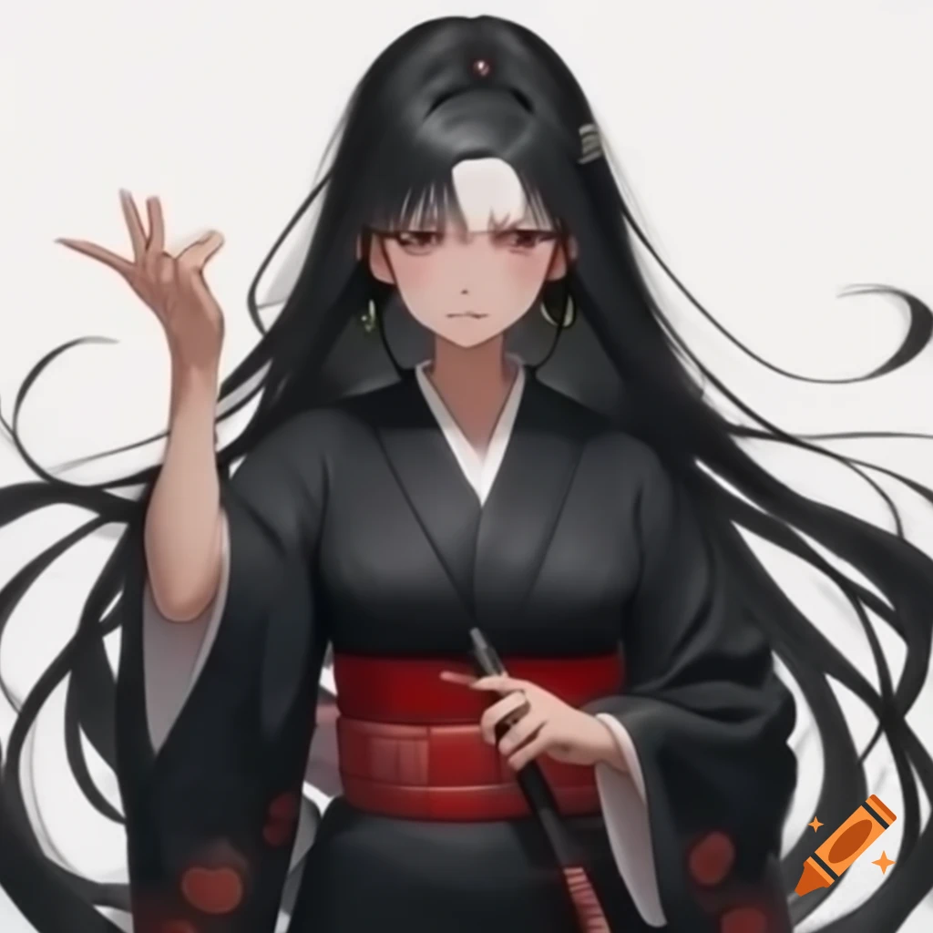 Blind middle-aged woman with long white hair and white eyes in a black kimono