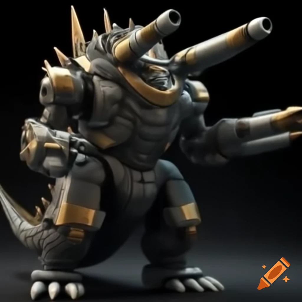 Mechanical kaiju resembling Gigan, dark grey with golden accents, holding giant ION cannon