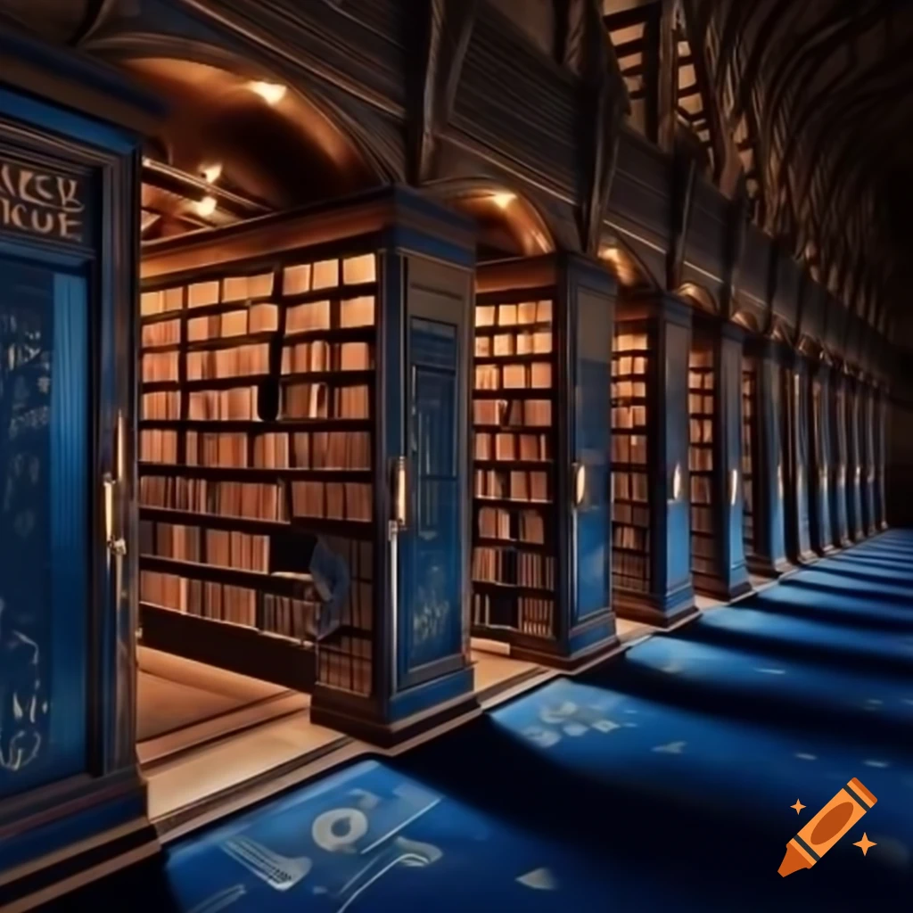 Beautiful bookshelves in blue oriental library, illuminated design