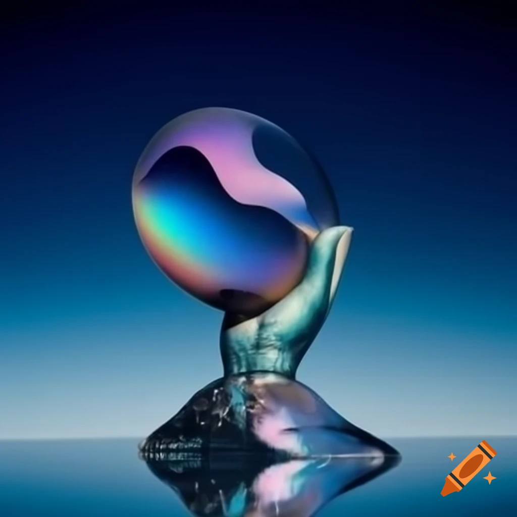 Pop surreal photography featuring iridescent glass statue