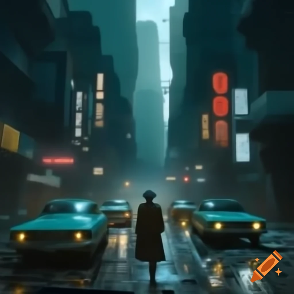 Bustling dystopian cityscape blending retrofuturism and decay with sleek skyscrapers