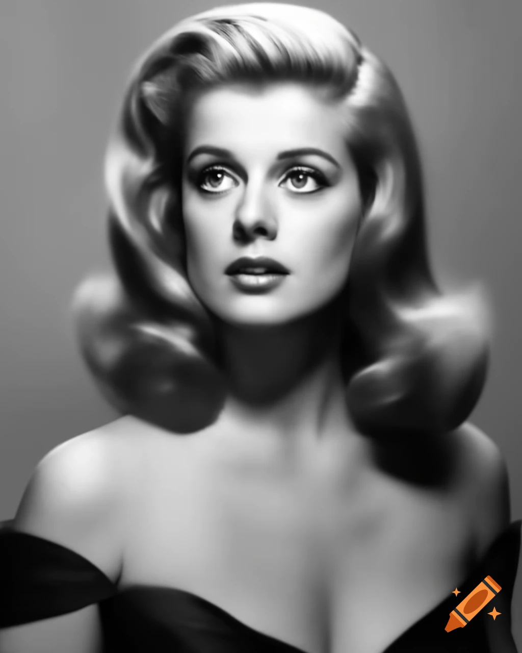 Hyper-realistic portrait of a beautiful European actress from 1963 with blue eyes and golden wavy hair