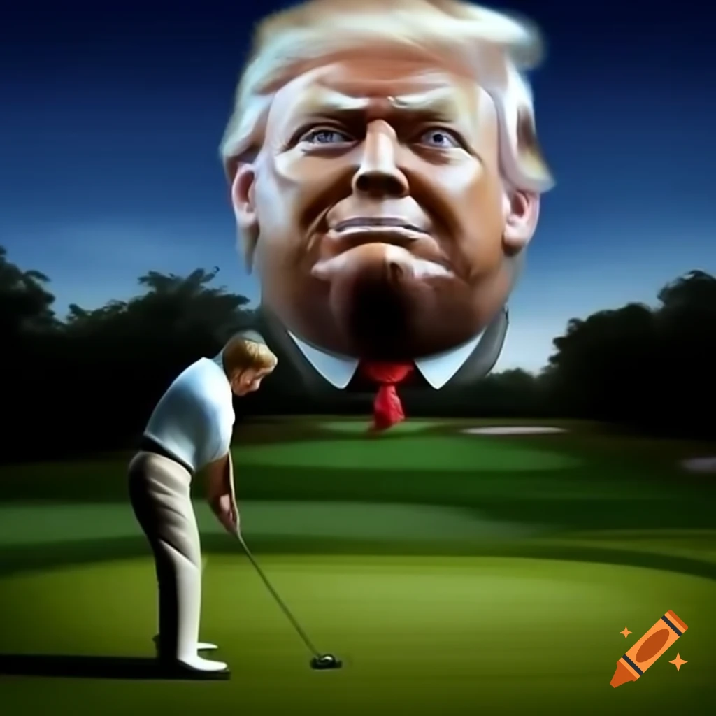 Satirical photorealistic depiction of a humorous scene with a golfer and a giant alligator