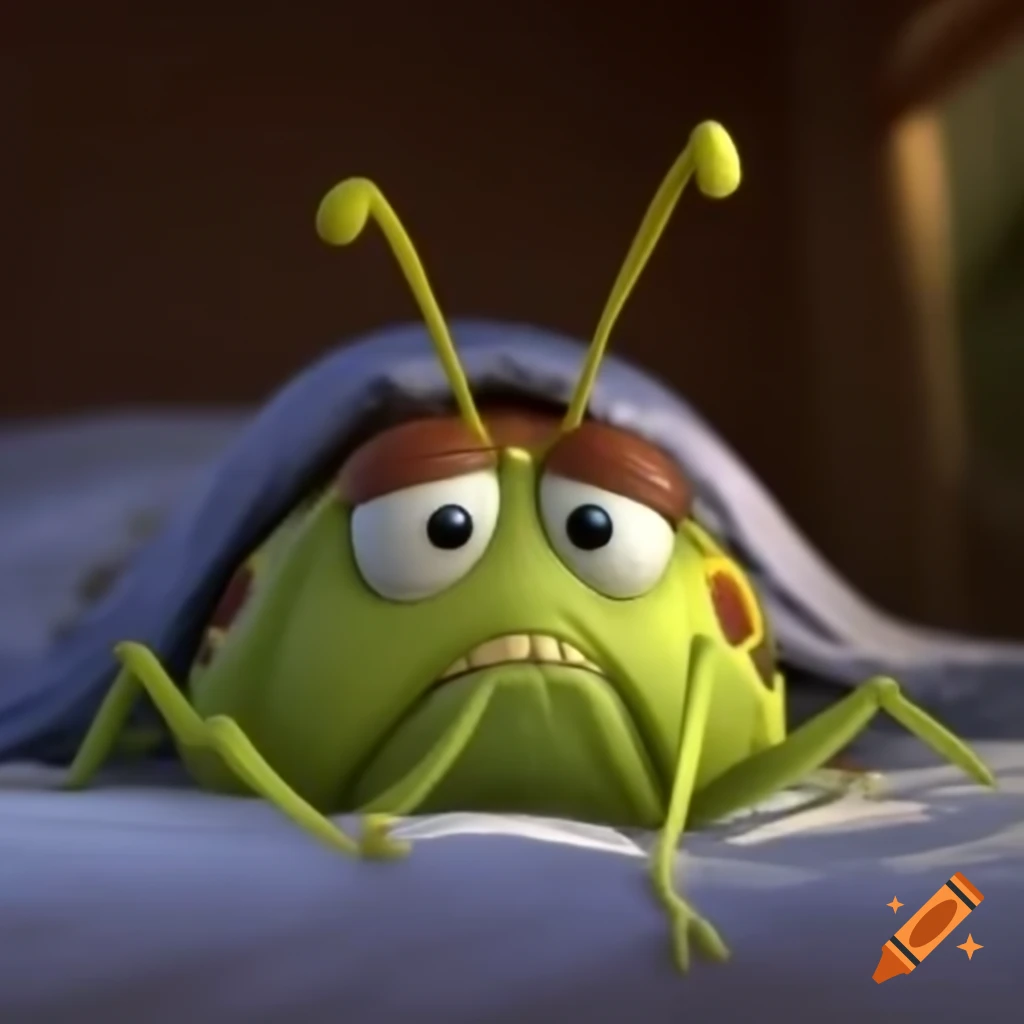 Scared bug resting on a bed
