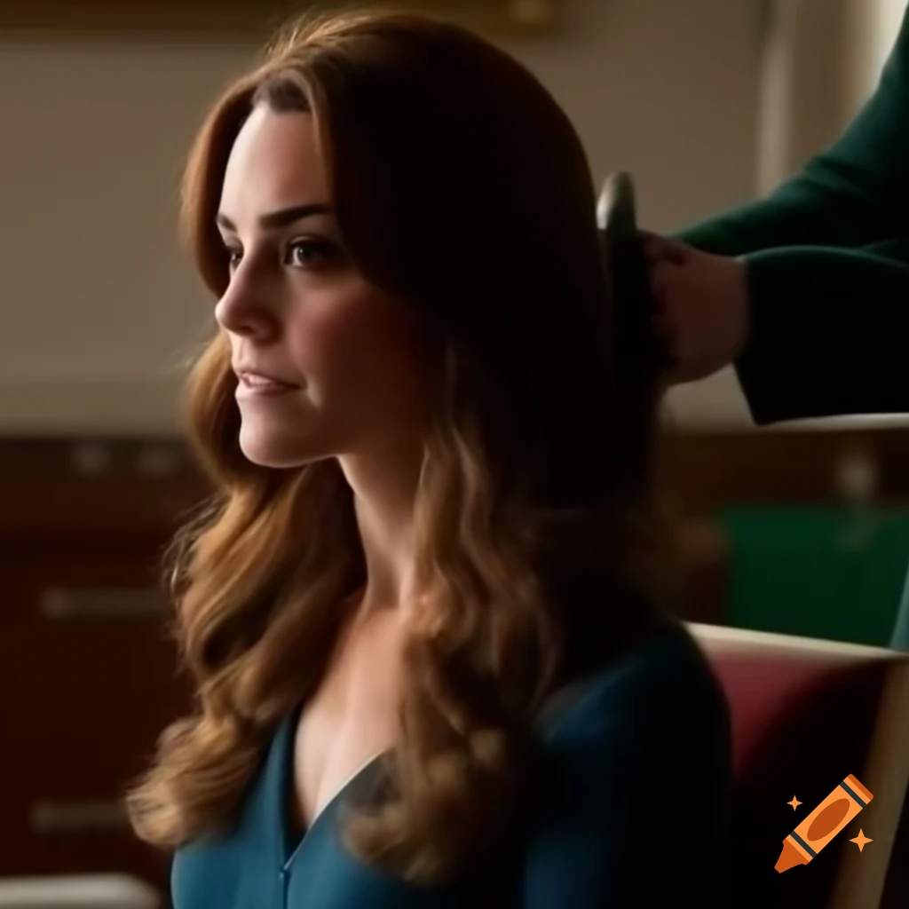 Kate Middleton contemplating a haircut makeover, hair flowing over plush chair