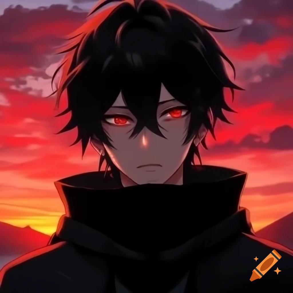 Anime male character in black attire with red eyes at sunset