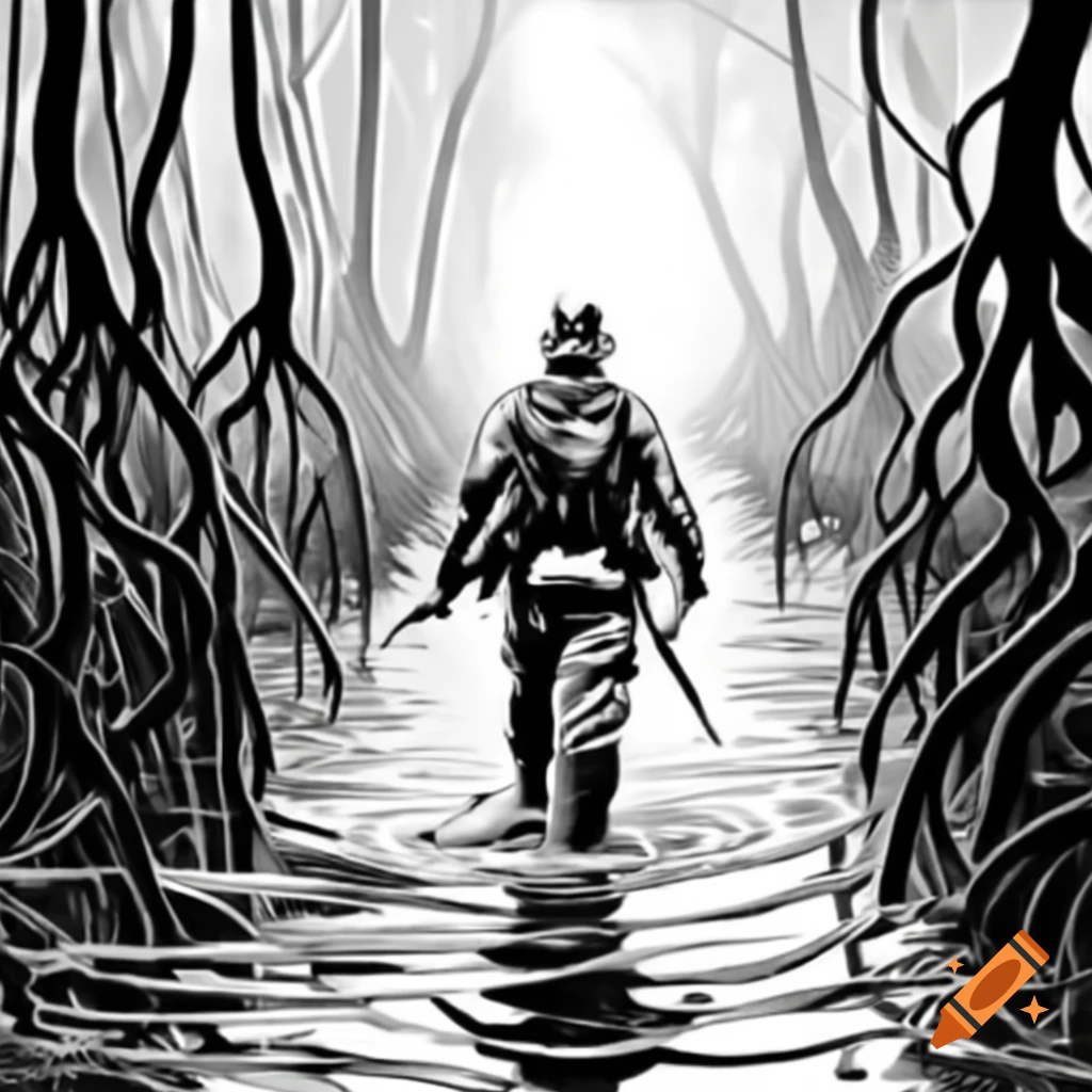 Black and white acid etching of soldier wading through swamp with dense roots and vines