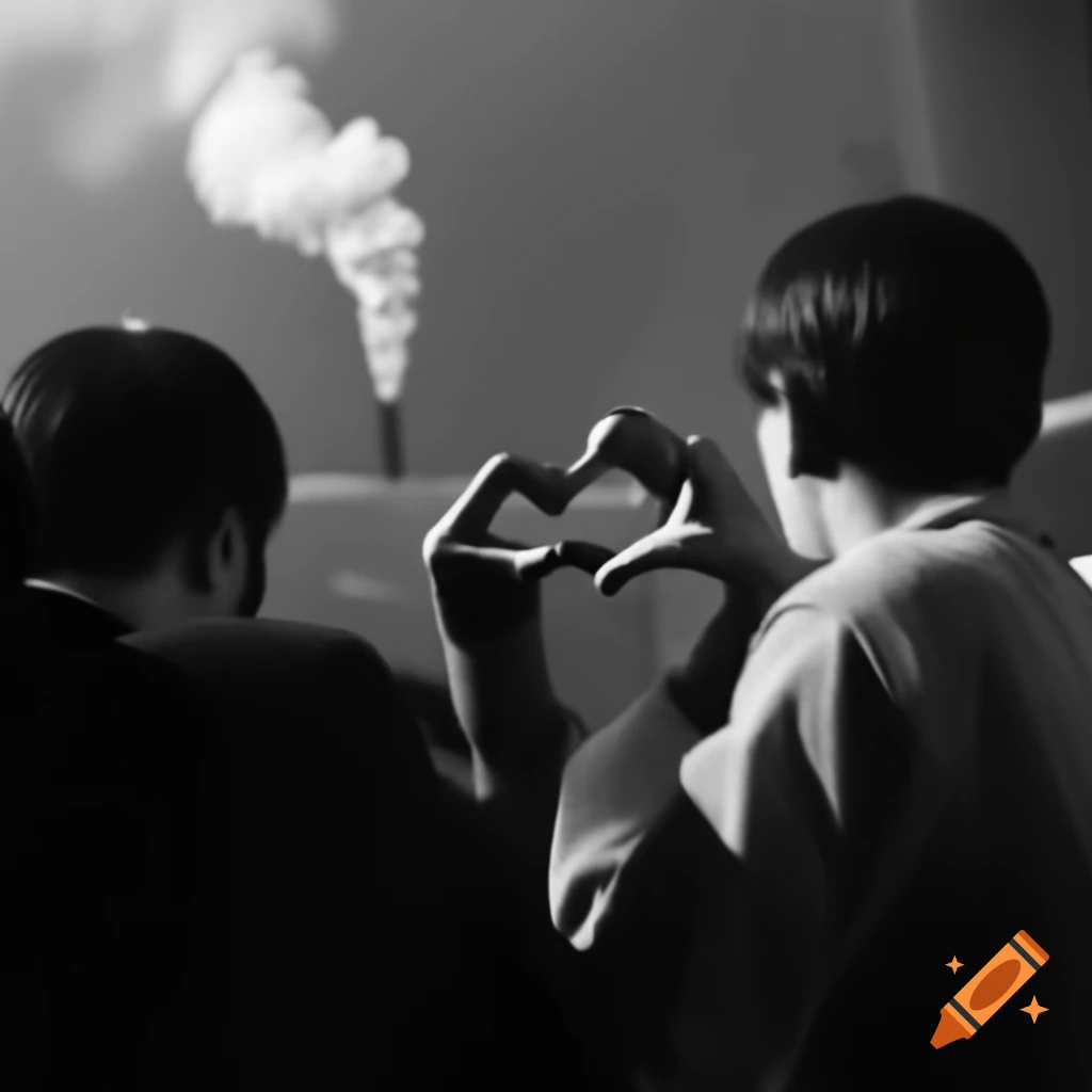 Two men forming heart hands while looking at smokestack