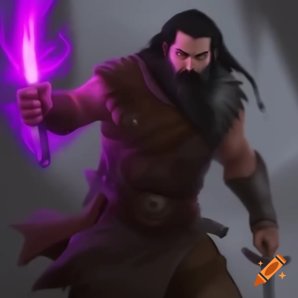 Warrior in leather with black zweihander sword emitting purple fire aura, illustrated style