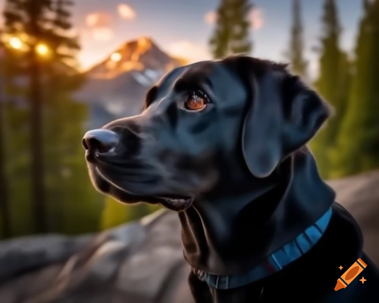 Black Labrador Retriever in forest facing camera with trees in background