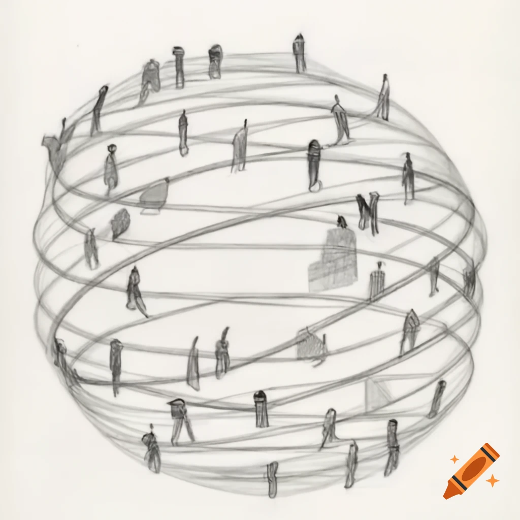 Pencil drawing illustrating the interconnectedness of the world through swirling lines