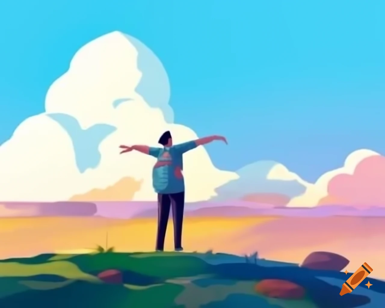 Man on hill raising arm towards the sky