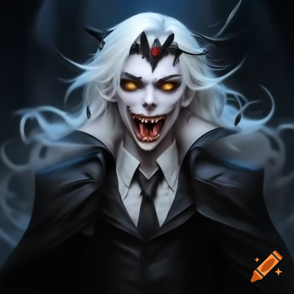 Handsome vampire prince with white hair and yellow eyes in black suit and crown
