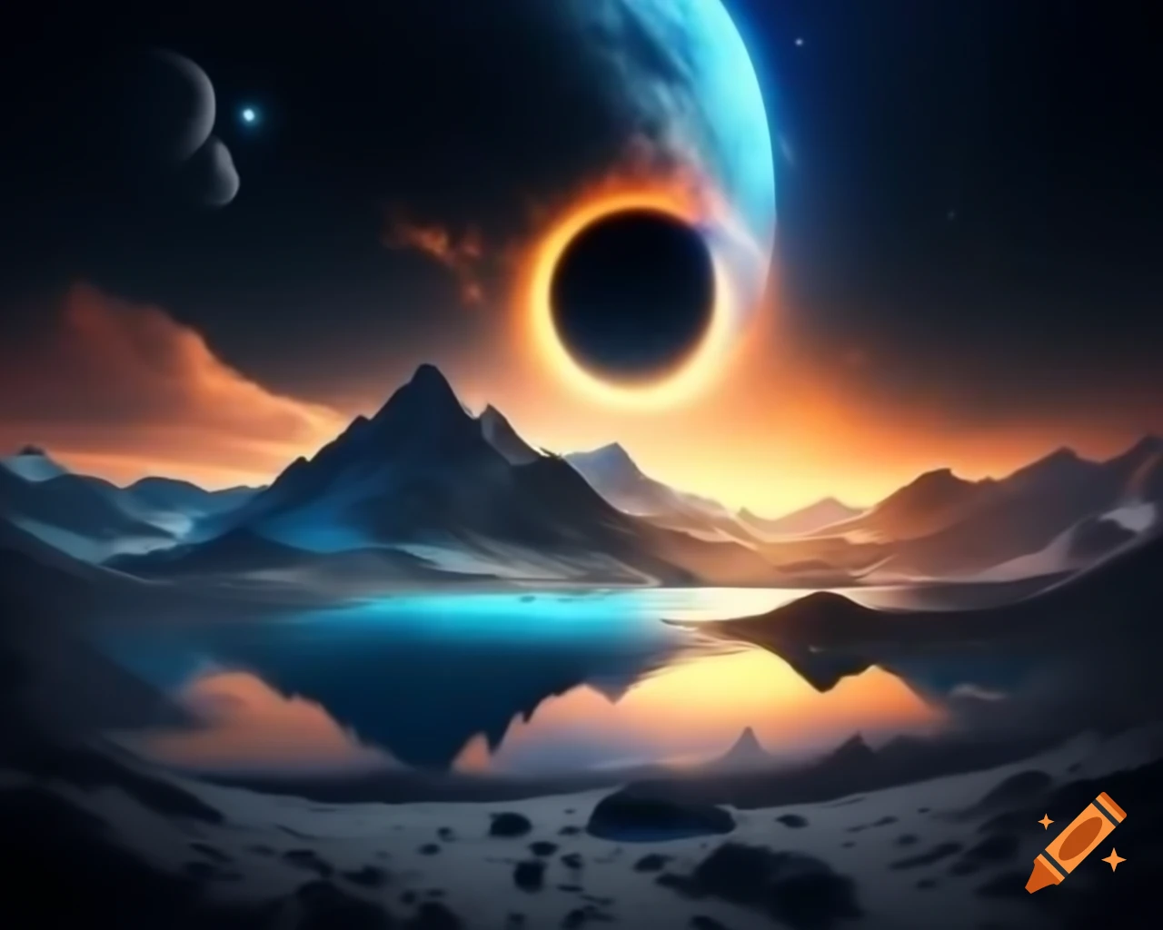 3D mountain lake at sunset with sun rays and island background