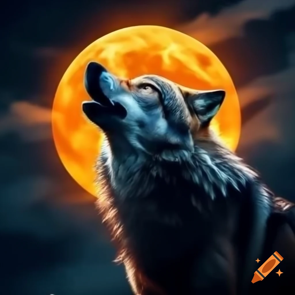Grey wolf howling at orange full moon