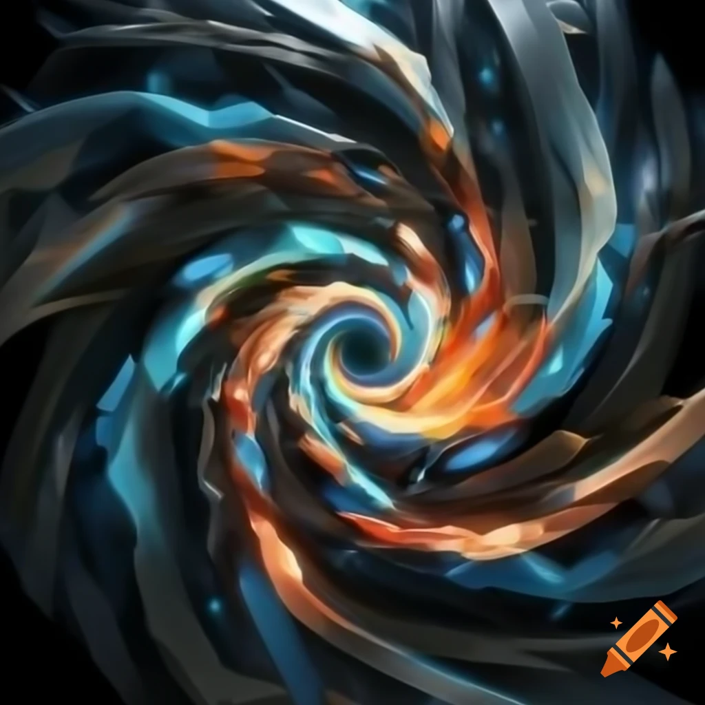 Abstract design featuring colorful vortex with geometric shapes and glowing orbs