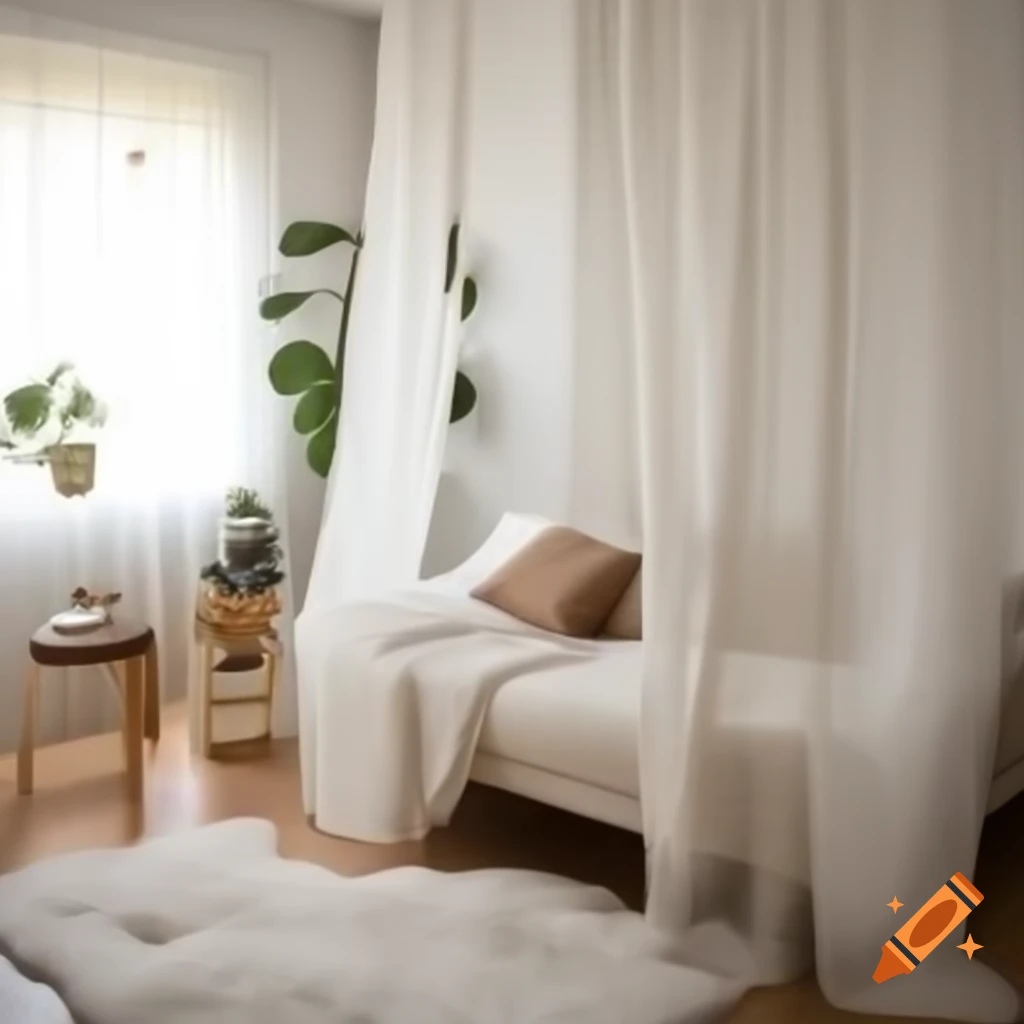 Cozy living space with light-colored sofa or bed and soft sheets